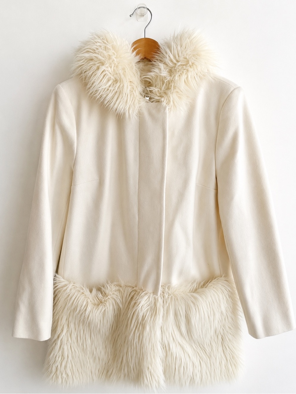 French Connection EUC Cream Wool Blend Faux Fur Hood Pocket Coat Size 8